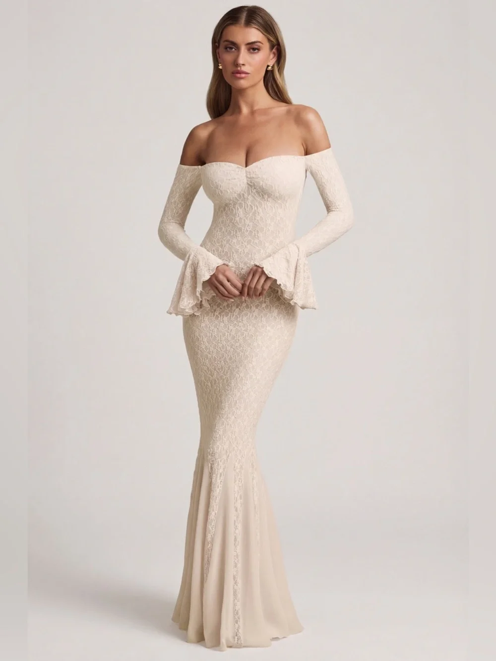 NEW Oh Polly Verena Ivory Off-Shoulder Ruffle Lace Mermaid Bodycon Maxi Dress XS - Picture 1 of 10
